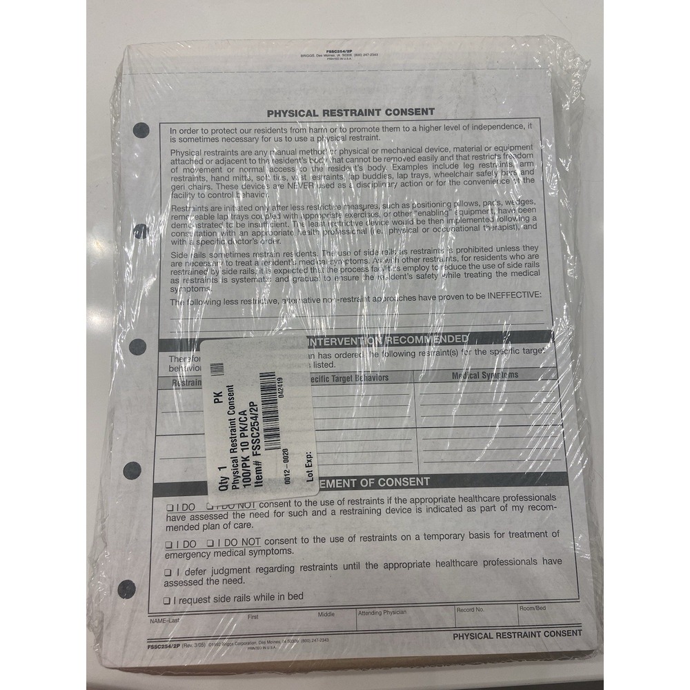 Vintage Briggs Physical Restraint Consent Medical‎ Record  Form FSSC254/2P